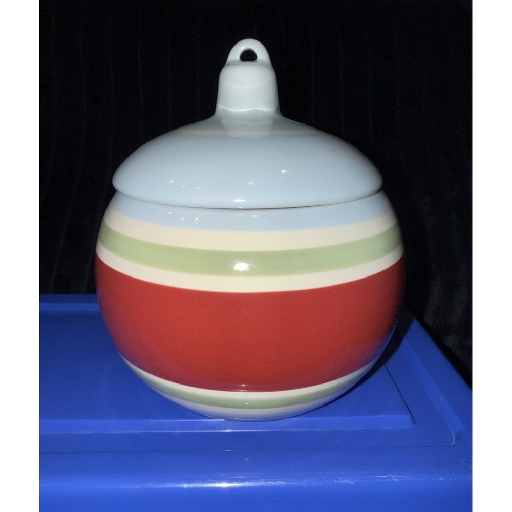 Longaberger Pottery Ball Ornament Candle Holder Blue Red‎ Stripe